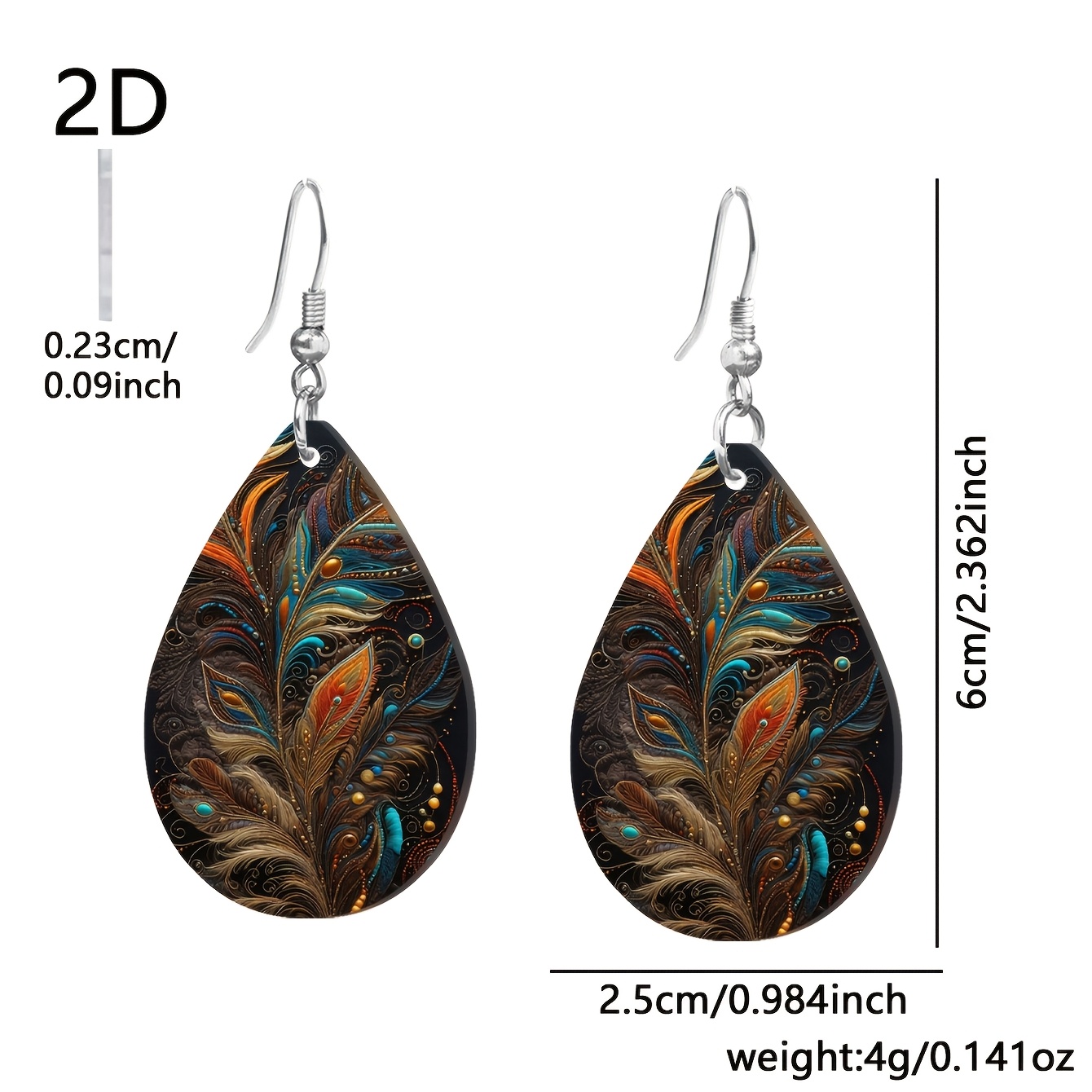 Women's Golden Peacock Feather Pattern Acrylic Teardrop Earrings